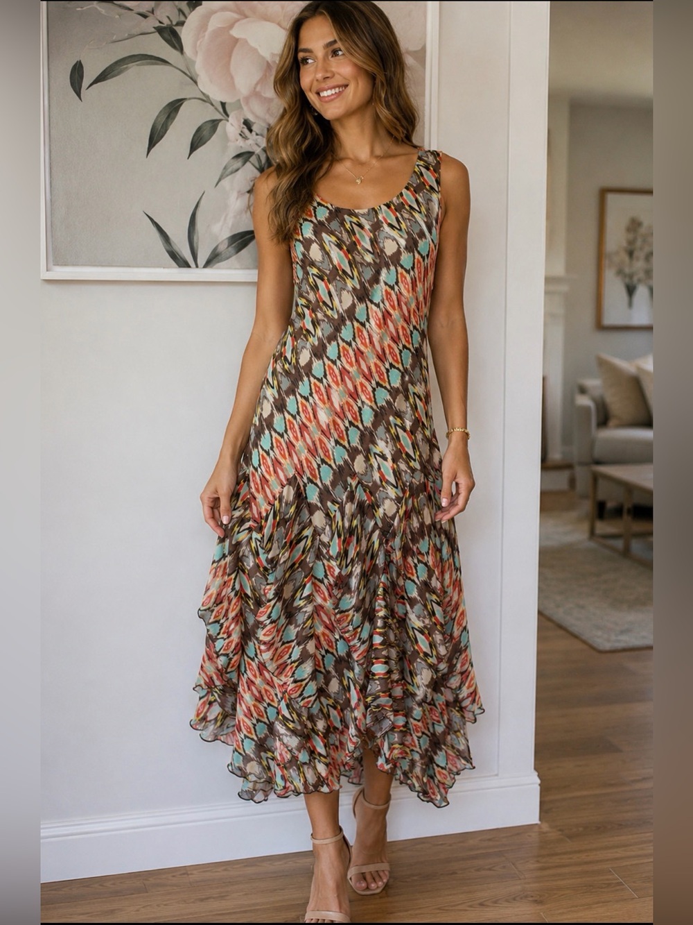 Robbie Bee Multicolor Ikat-Print Sleeveless Midi Dress - Size 4